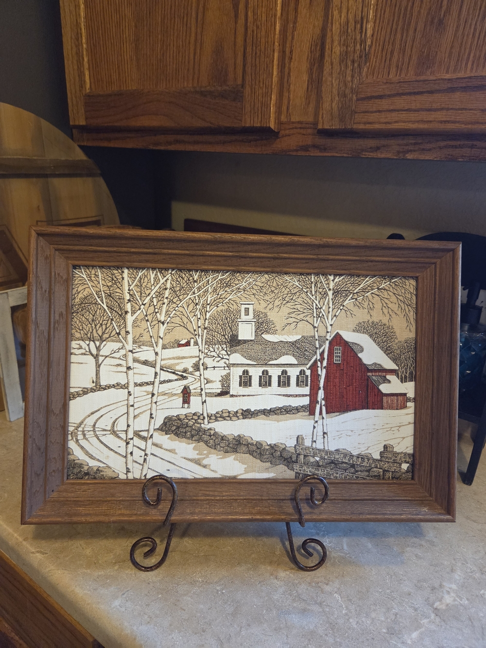Rustic Winter Barn Print in Red & Brown Wood Frame